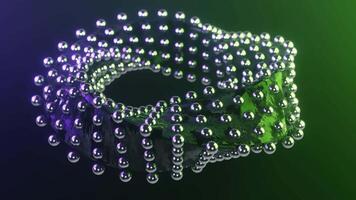 Abstract background sci-fi 3d looped animation. A twisted torus with metallic atom spheres. Glowing lighting. Fantastic hi-tech design. Creative technological background. Seamless loop animation 4K video
