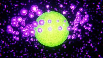 3D neon abstract background. Green disco planet with purple spheres hoop. Blurred stars in dark space. Y2K 80s retro wallpaper. Bright colors. 4K 30 fps seamless loop animation video