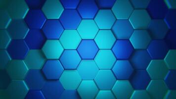 Abstract 3D background hi-tech synthwave seamless loop animation. Videogame landscape with cyan and blue moving hexagon texture. Bright wallpaper. 4k 3d motion design 30 fps video