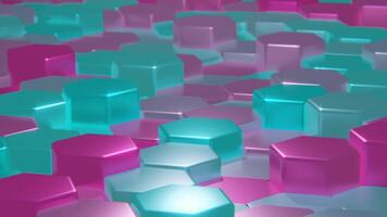 abstrakt 3d Hintergrund Sci-Fi Hi-Tech 80er Jahre Retrowave nahtlos Schleife. Dampfwelle Synthwave Videospiel Neon- Landschaft mit glühend cyan und Rosa Hexagon Textur. 4k 3d 30 fps video