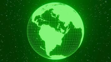 Abstract loop background earth globe sphere hologram made of green neon glow hi-tech sci-fi futurisctic energy in dark space with shining stars. 4k , 3d motion design, motion graphics, 30 fps video
