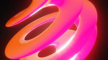 Abstract 3D swirl shape background. Bright pink and orange neon wallpaper. Scratched texture. Rotating motion. Connection concept. Seamless loop animation. 4K 30 fps video