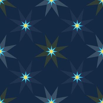 un mágico moderno geométrico diseño con espumoso estrellas en oscuro Armada azul, simétricamente arreglado en un neutral antecedentes. apagado colores Perfecto Si usted necesitar un mezcla modelo. vector