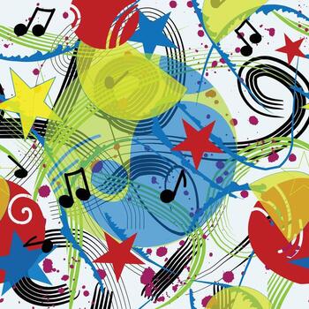 Music notes, abstract chaos of shapes and lines, and stars on a white background. Jazz pattern of colors and symbols. vector