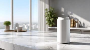 Minimalist white can on marble countertop. photo