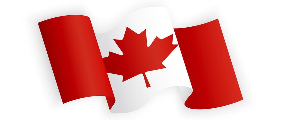 Waving Canadian National Flag with Red Maple Leaf on White and Red Background. Canada Day Celebration. Patriotic Design for Banner, Postcard, Poster
