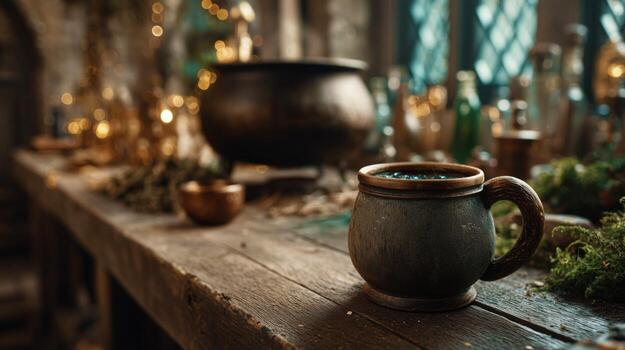 Rustic mug on a wooden table with a mystical vibe. photo