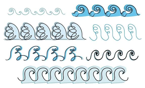 A set of different waves and curls drawn by hand. vector