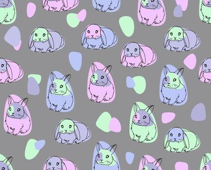 Seamless background with different hand drawn rabbits and eggs. vector