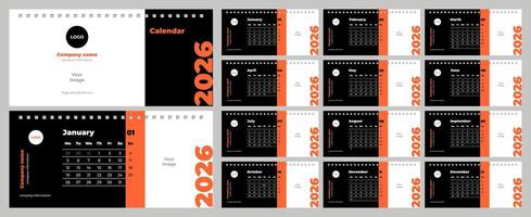 Desktop calendar for 2026. Template for branded souvenirs, copy space, modern style. Set of 12 pages and cover. Horizontal, 210x100mm, English, black, orange, white. vector