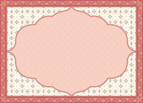 Mughal invitation border with a symmetrical floral motif, ornate corner patterns, and a soft peach center framed maroon and gold detailing. vector