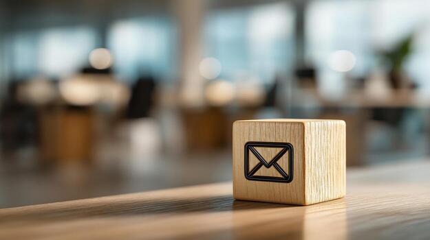 Mail Icon on Wooden Cube in Blurred Office Background Representing Communication, Connection, Information Exchange and Digital Correspondence photo