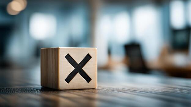 Rejection Symbol on Wooden Cube in Blurred Office Background Representing Error, Failure, Decision-Making, and Problem Solving photo