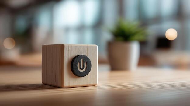 Power Button Icon on Wooden Cube in Blurred Office Background Representing Start, Control, Energy and Technology Activation, Business Wooden Cube photo