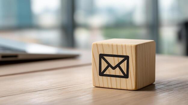Mail Icon on Wooden Cube in Blurred Office Background Representing Communication, Connection, Information Exchange and Digital Correspondence, Business Wooden Cubes photo