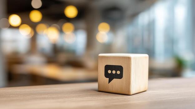 Speech Bubble Icon on Wooden Cube in Blurred Office Background Representing Communication, Brainstorming, Team Discussion and Idea Collaboration, Business Wooden Cubes photo
