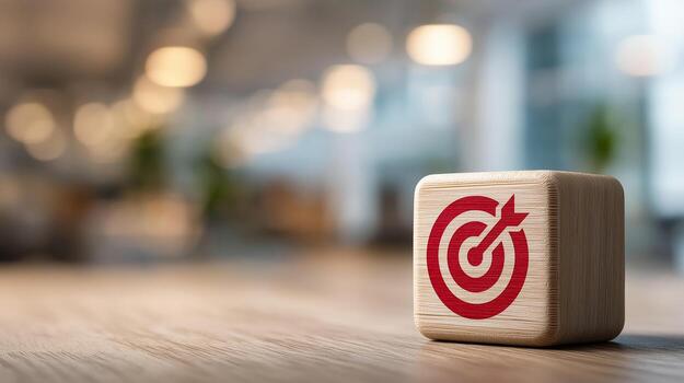 Dart Target Arrow Icon on Wooden Cube in Blurred Office Background Representing Goal Setting, Focus, Business Strategy and Performance Efficiency, Business Wooden Cubes photo