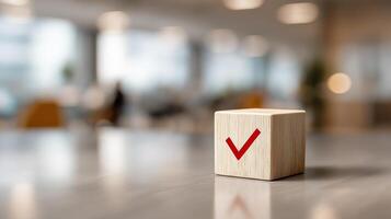 Checkmark Icon On Wooden Cube In Blurred Office Background Representing Task Completion, Approval, Productivity, And Business Efficiency, Business Wooden Cube photo