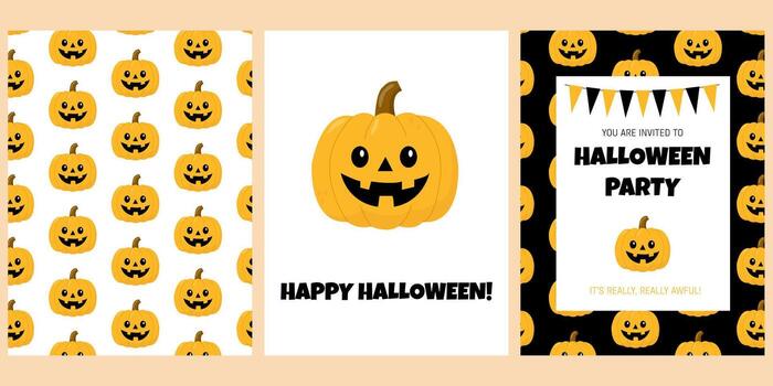 conjunto de tarjeta, póster y modelo con un linda calabaza en un sencillo plano estilo para decorando un para niños fiesta o evento vector