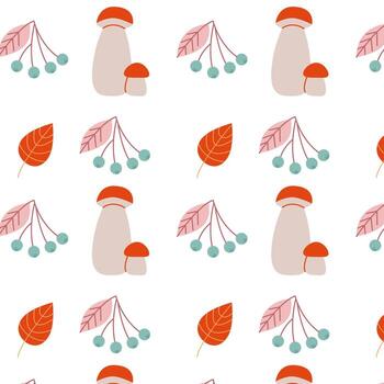 un sencillo plano modelo con hongos y bayas en un blanco antecedentes con azul y rosado sombras para textiles y decorando vector