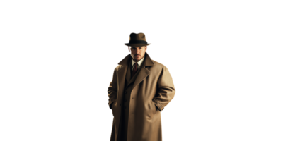 Man In Vintage Trench Coat And Fedora. Classic Detective Style Isolated On Transparent Background png