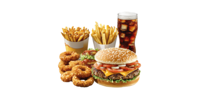 Fast Food Meal With Burger, Fries, Onion Rings, And Soda. Classic American Cuisine And Indulgence Isolated On Transparent Background png