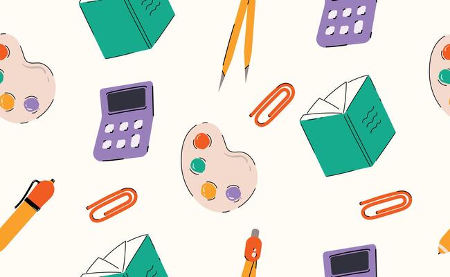 Hand drawn school stationery seamless pattern. Colorful children supplies, geometric elements, book, calculator, pen for education, study, sticker, banner. Back to school background. Flat illus