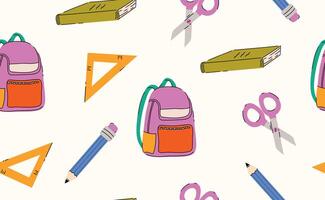 School stationery seamless pattern. Hand drawn cool children supplies, geometric elements, pencil, book, backpack, ruler for education, sticker, banner. Back to school background. Flat illustr vector