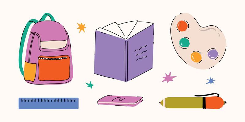 Back to school stationery supply set. Hand drawn cartoon school elements, pencil, book, backpack, ruler, pen for education, study, sticker, banner, social media. Flat isolated illustr