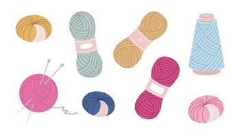 Collection of Colorful Yarn Balls and Skeins in Flat Style vector