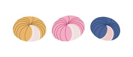 Flat style illustration of three colorful yarn balls in yellow, pink, and blue isolated on white background vector