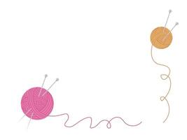Minimal illustration of pink and yellow yarn balls with knitting needles and loose thread on a white background with corner composition vector
