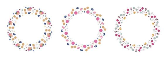 Set of three circular craft frames featuring colorful yarn balls, knitting needles, buttons, scissors, pincushions, and sewing tools arranged on a white background with open center space vector