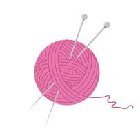 Flat design illustration of a pink yarn ball with two knitting needles and loose thread on white background vector