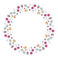 Circular frame made of colorful yarn skeins, scissors, needles, buttons, and sewing tools arranged on a white background with space in the center vector