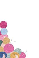 Illustration of multicolored yarn balls with knitting needles on a white background, arranged in a corner layout with negative space vector