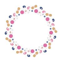 Circular border of pink, blue, and yellow yarn balls, knitting needles, buttons, safety pins, and pincushions arranged on a white background with center space vector