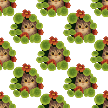 Seamless pattern of a cat peeking between lotus and some red flowers with transparent background in hand drawn style png