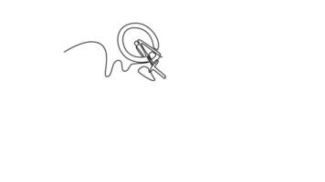 Animated self drawing of continuous line draw professional freestyle bmx rider performing tricks and stunts in skate park. Extreme man practicing for X games event. Full length single line animation video