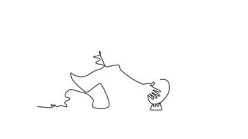 Animated self drawing of continuous line draw attractive male rugby player wearing team uniform, training at sports field, kneeling and placing rugby ball for kick. Full length single line animation video