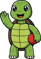 Cute cartoon turtle waving with red ball in hand friendly animal character illustration vector