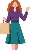 Woman with curly hair waving hand holding shopping bag in purple blouse and teal skirt illustration vector