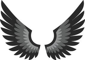 Black and gray stylized wings illustration with symmetrical feather design for graphic projects and decoration vector