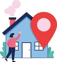 House with location pin and person pointing at blue home building icon illustration vector