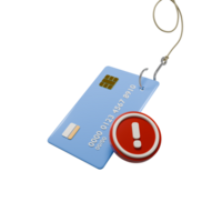 Phishing Attack Credit Card Security Alert 3D Cartoon Render Illustration with Card, Warning Sign, and Hook png