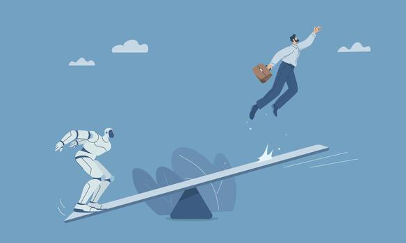 Robot and man on a seesaw vector