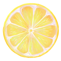 Watercolor style illustration with a cut round piece of lemon. Citrus fruits are perfect for food packaging, summer design, kitchen decor, recipe book, organic branding png
