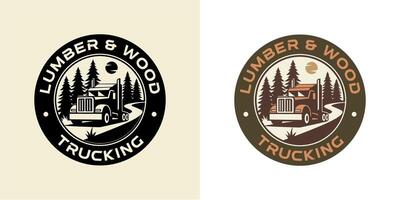 el circular emblema logo para camionaje servicios caracteristicas un ilustración de un plataforma camión, pino árboles, y un devanado la carretera. vector