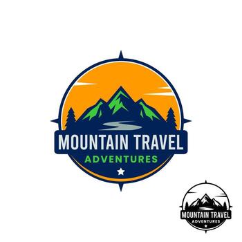 A circular emblem logo for Mountain Travel Adventures designed in the shape of a compass. At the center, it features a majestic mountain range, flanked by tall pine trees vector