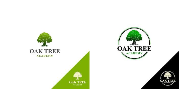 A circular emblem logo for Oak Tree Academy, featuring a prominent oak tree as the central element. The design should primarily use green tones to convey growth, nature, and learning. vector